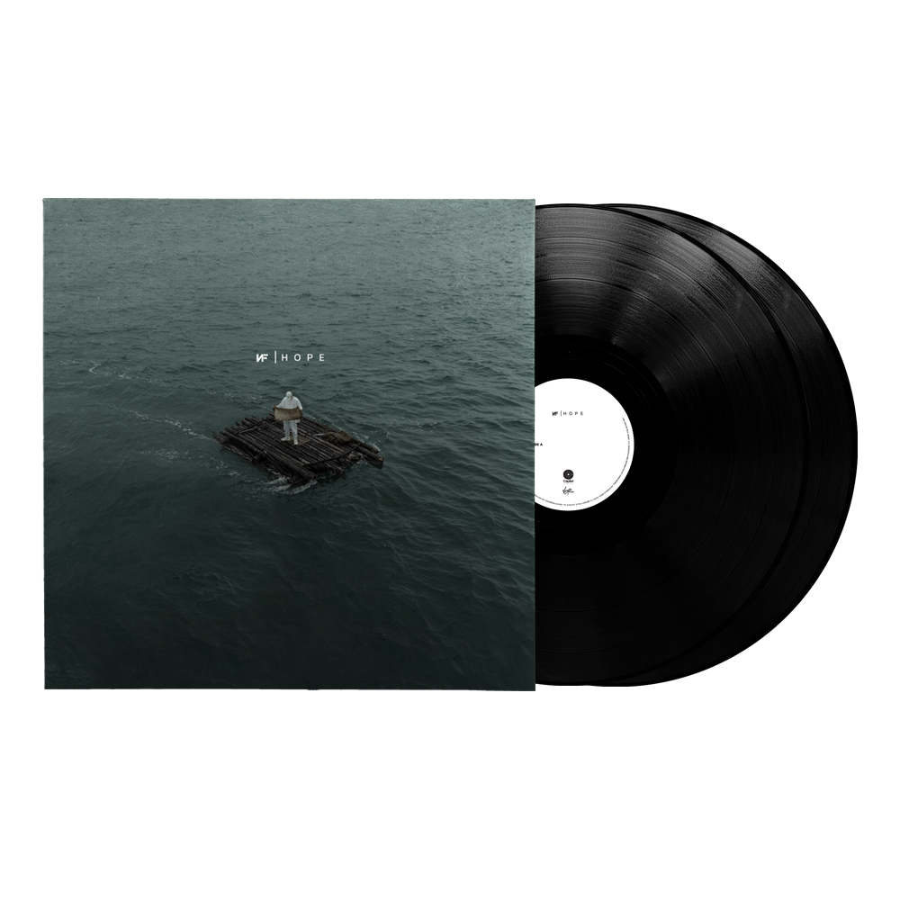 Black vinyl record with a cover featuring a person on a raft.