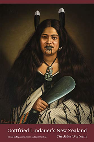 Māori woman with traditional facial markings and adornments, portrait painting.