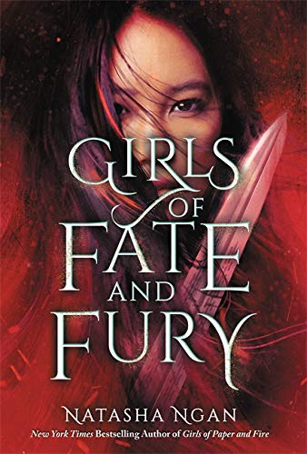 Book cover featuring a woman's face partially obscured by a sword against red background.