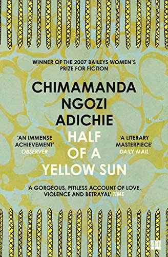 Book cover: "Half of a Yellow Sun" by Chimamanda Ngozi Adichie, yellow and green.