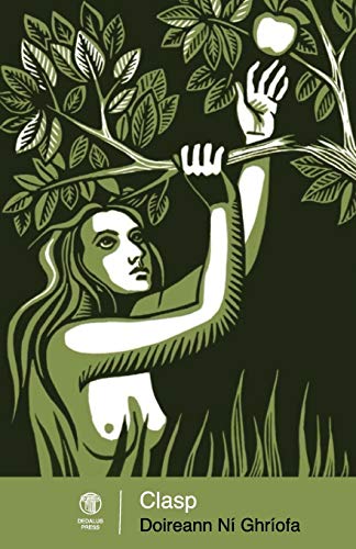 Stylized illustration of a woman reaching for an apple on a tree branch.