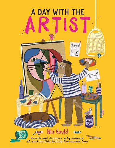 Animal artist painting a cubist portrait in a colorful studio scene.