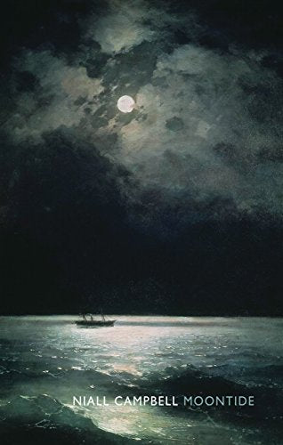 Book cover: dark seascape with moon, clouds, and distant boat.