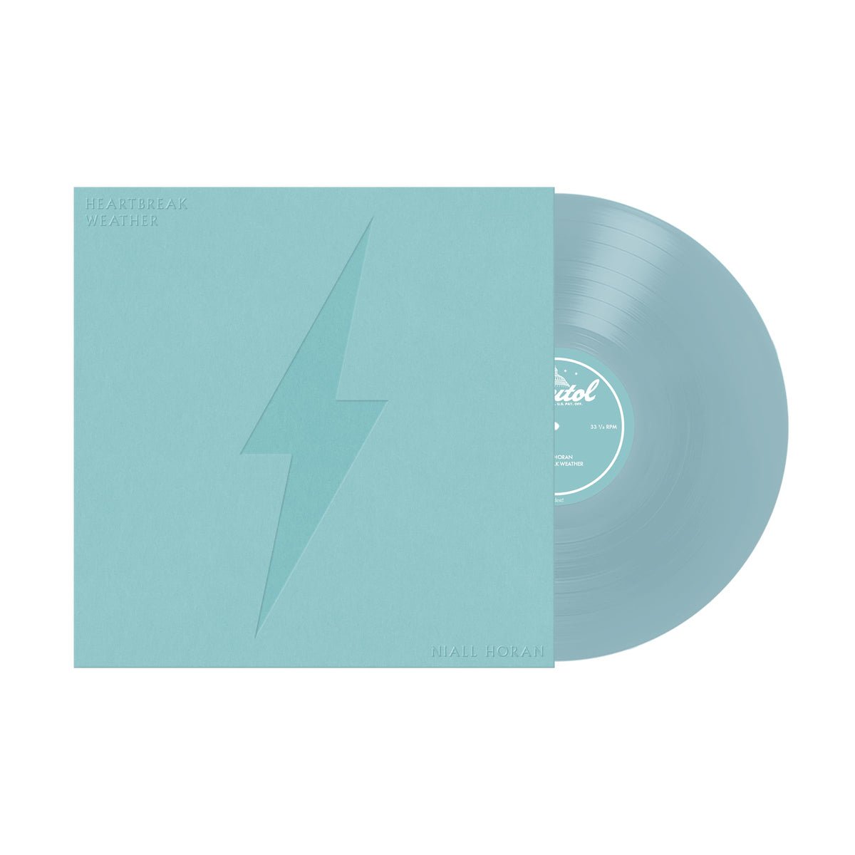 Light blue Niall Horan "Heartbreak Weather" vinyl record with lightning bolt.