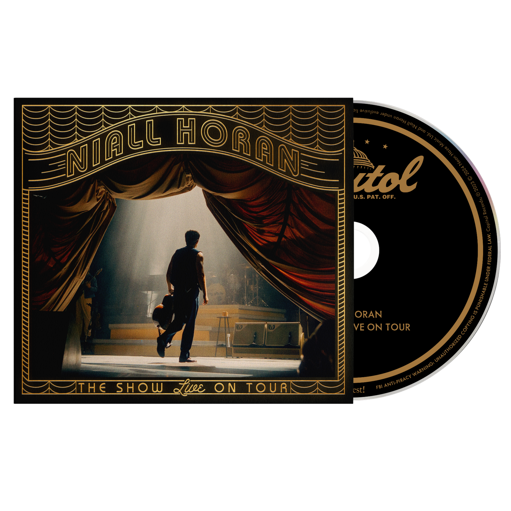 Niall Horan CD cover: stage curtains, performer walking, golden lettering.