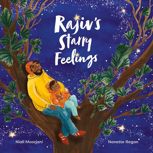 A man and child sit in a tree against a starry night sky.