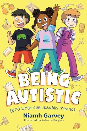 Three diverse children stand against a yellow background with small illustrations of various objects.