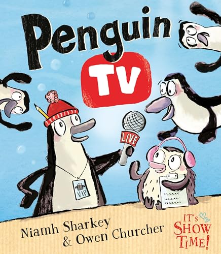 Cartoon penguins hosting a TV show with a microphone and headphones.