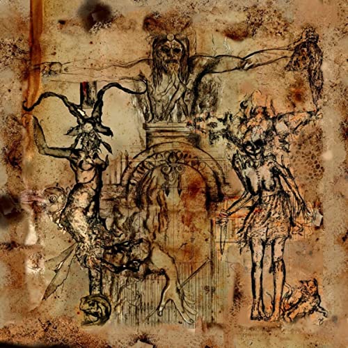 Dark, textured album cover with grotesque, distorted figures and architectural elements.