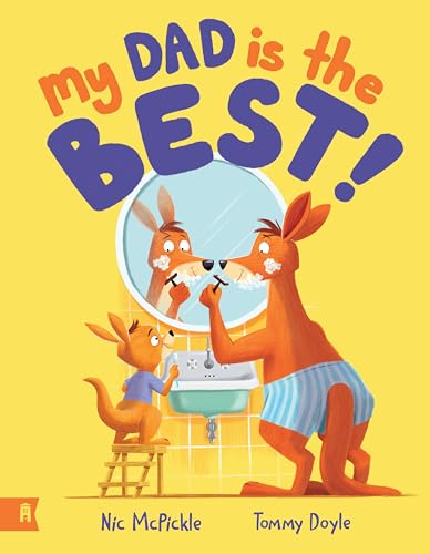 Children’s book cover: kangaroo dad and joey brushing teeth.