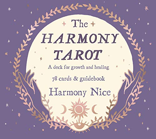 The Harmony Tarot" deck cover with hands, sun, moon, and floral design.