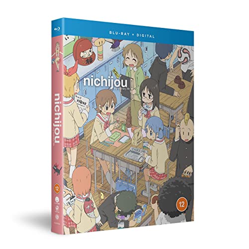 Blu-ray case for Nichijou featuring anime characters in a classroom setting.