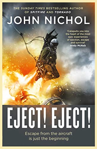Book cover depicting a pilot ejecting from a flaming aircraft with a parachute.