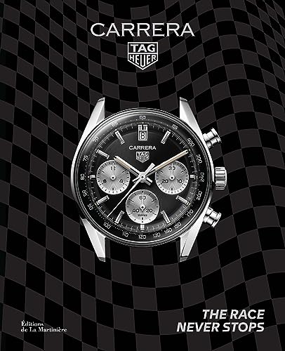 Black and silver TAG Heuer Carrera chronograph watch on checkered background.