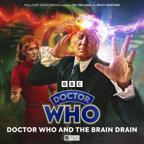 The Third Doctor with glowing energy around his head, standing beside a woman.