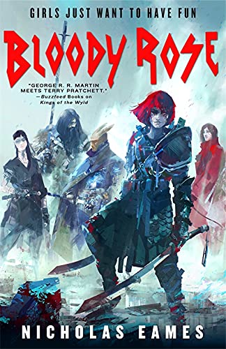 Fantasy book cover featuring a red-haired woman with sword and group behind her.