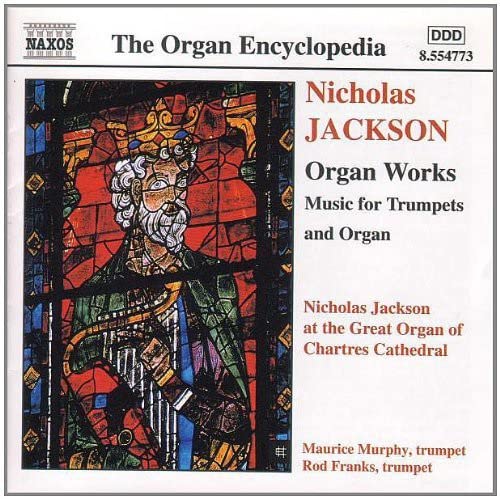 CD cover for Nicholas Jackson’s “Organ Works” featuring stained glass art.