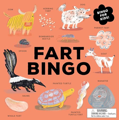 Fart Bingo game box cover featuring illustrations of various animals on a peach background.