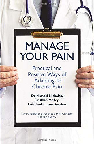 Book cover: "Manage Your Pain" held by a person in a white coat.