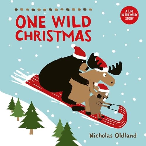 Book cover: bear and moose sledding with a beaver, snowy background.