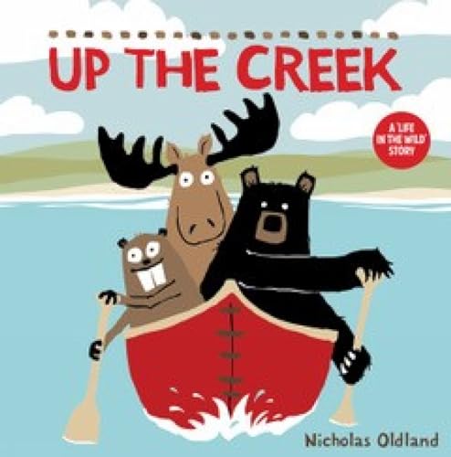 Moose and bear paddling a red canoe on blue water.