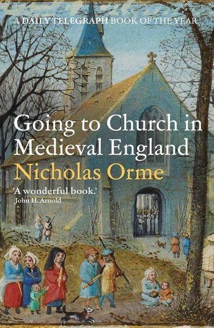 Medieval church with blue roof and steeple, people in period dress walking towards entrance.