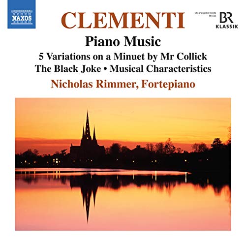 "CD cover with church at sunset reflected in water, titled 'Clementi Piano Music'."