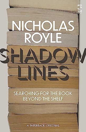 Book cover with a stack of books and text reading Shadow Lines by Nicholas Royle.