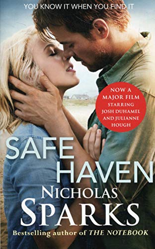 Book cover: couple embracing, titled "Safe Haven" by Nicholas Sparks.