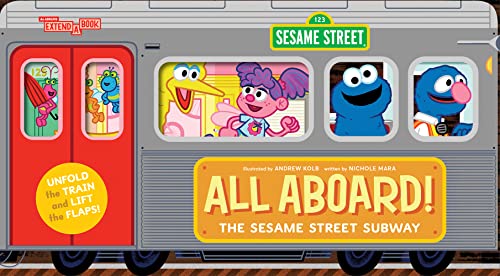 Sesame Street characters inside a silver subway car extend-a-book.