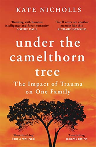 Book cover: orange gradient with silhouetted tree and title "Under the Camelthorn Tree".