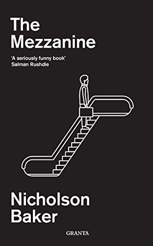 Book cover with white text and a line drawing of a person on an escalator.