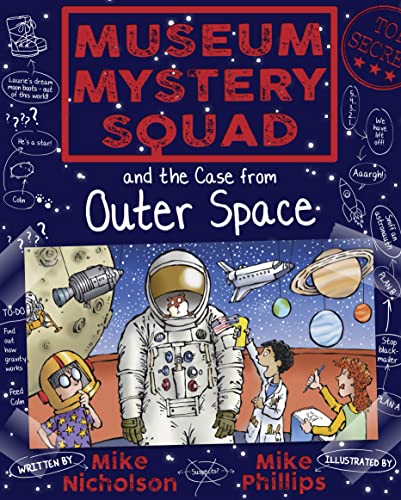 Book cover: "Museum Mystery Squad" with astronauts, planets, and children.