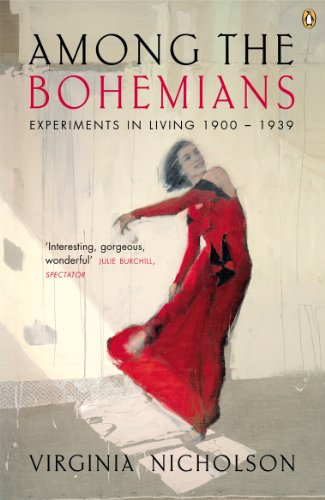 Book cover: “Among the Bohemians” with a painting of a woman in red.