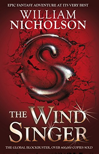 Book cover: "The Wind Singer" with a swirling, cracked red design.
