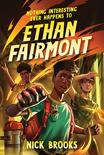 Book cover with three young people and a small robot vacuum.