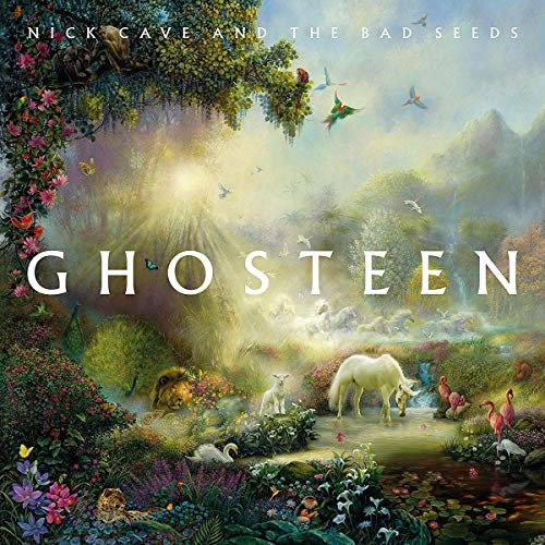 The image shows the album cover for "Ghosteen" by Nick Cave and the Bad Seeds. Here is a concise description of the image in 15 words or less: Vibrant, surreal landscape with animals, flowers, and "Ghosteen" text on a fantasy album cover.