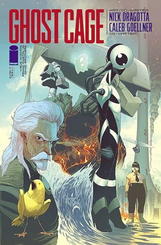 Comic book cover: figures with a robot, ghost, and yellow bird.