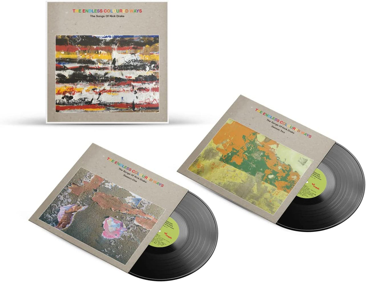 Nick Drake tribute album vinyl set with colorful, abstract cover art.
