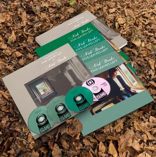 Nick Drake Five Leaves Left CD box set with discs arranged on autumn leaves.