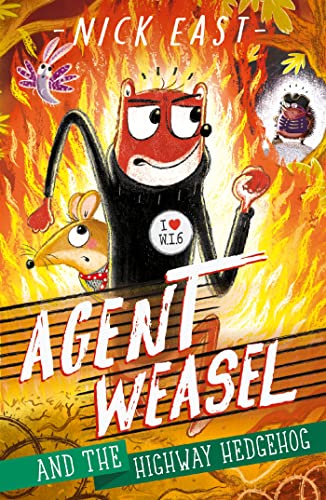 Book cover featuring a red weasel in a suit with a mouse, fiery background.