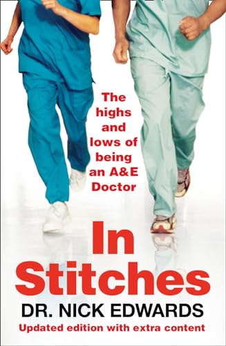 Book cover: two people in scrubs walking, titled "In Stitches".