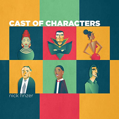 "Album cover with cartoon portraits of six people on a colorful grid background."