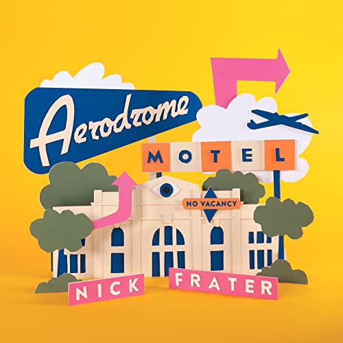 Colorful papercraft motel scene with “Aerodrome” and “Nick Frater” text.