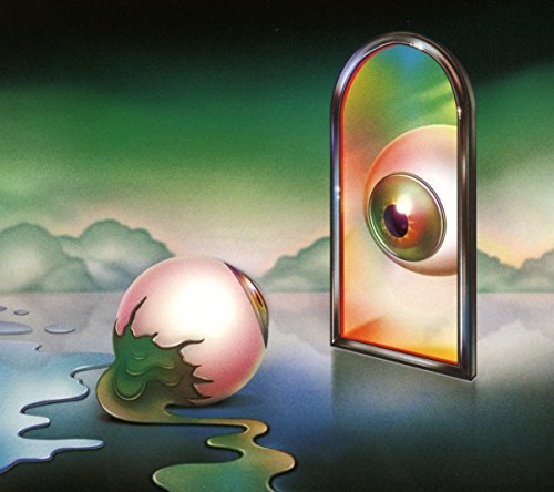 Surreal artwork with an eyeball and mirror reflecting colorful, distorted background.
