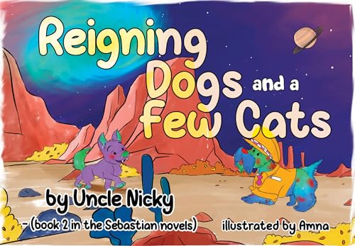 Book cover: illustrated dogs and cats on a desert planet.