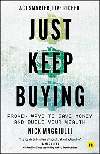 Book cover: "Just Keep Buying" with abstract green and blue graphics.