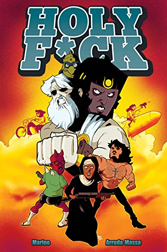 Comic book cover featuring diverse characters with fantastical and religious imagery.