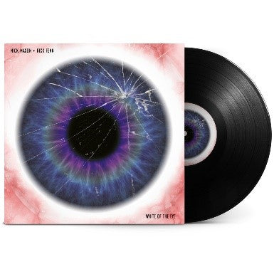 Vinyl record with album cover featuring a cracked, colorful human eye.