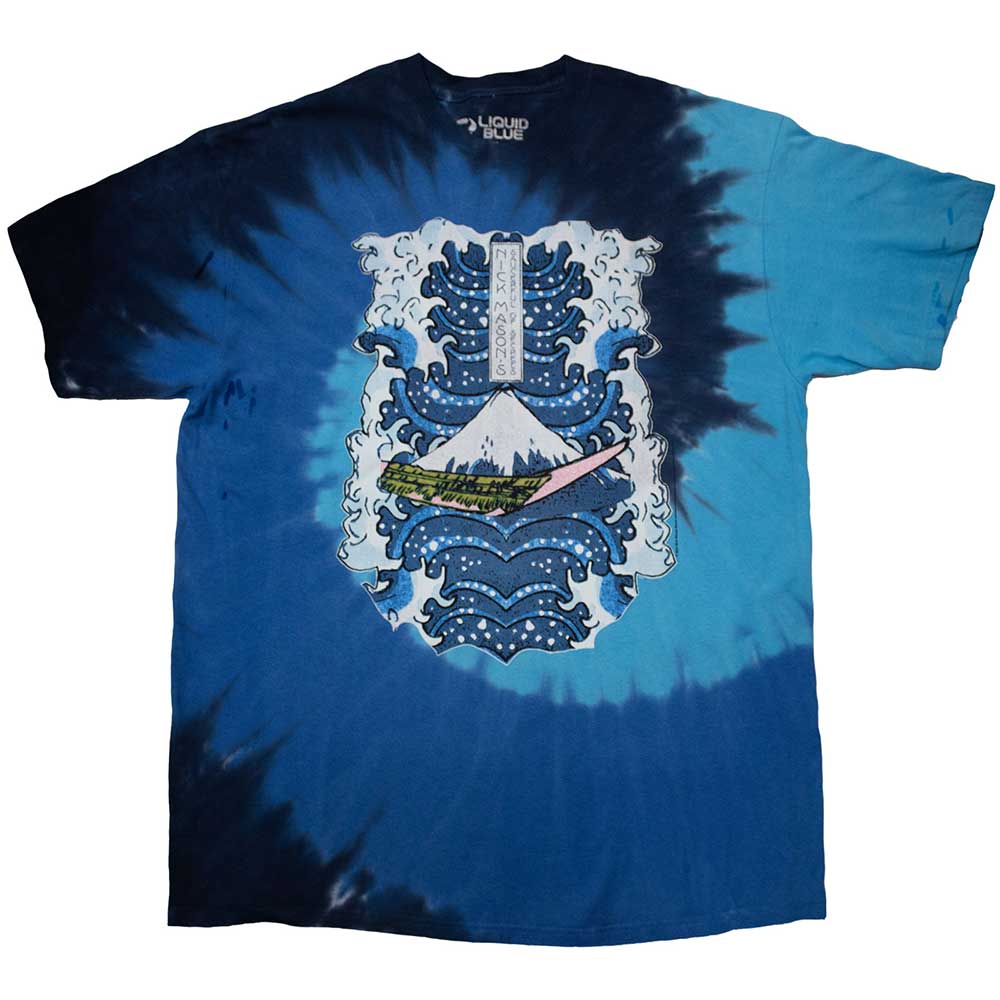 Blue and black dip-dye t-shirt with a Hokusai wave graphic.